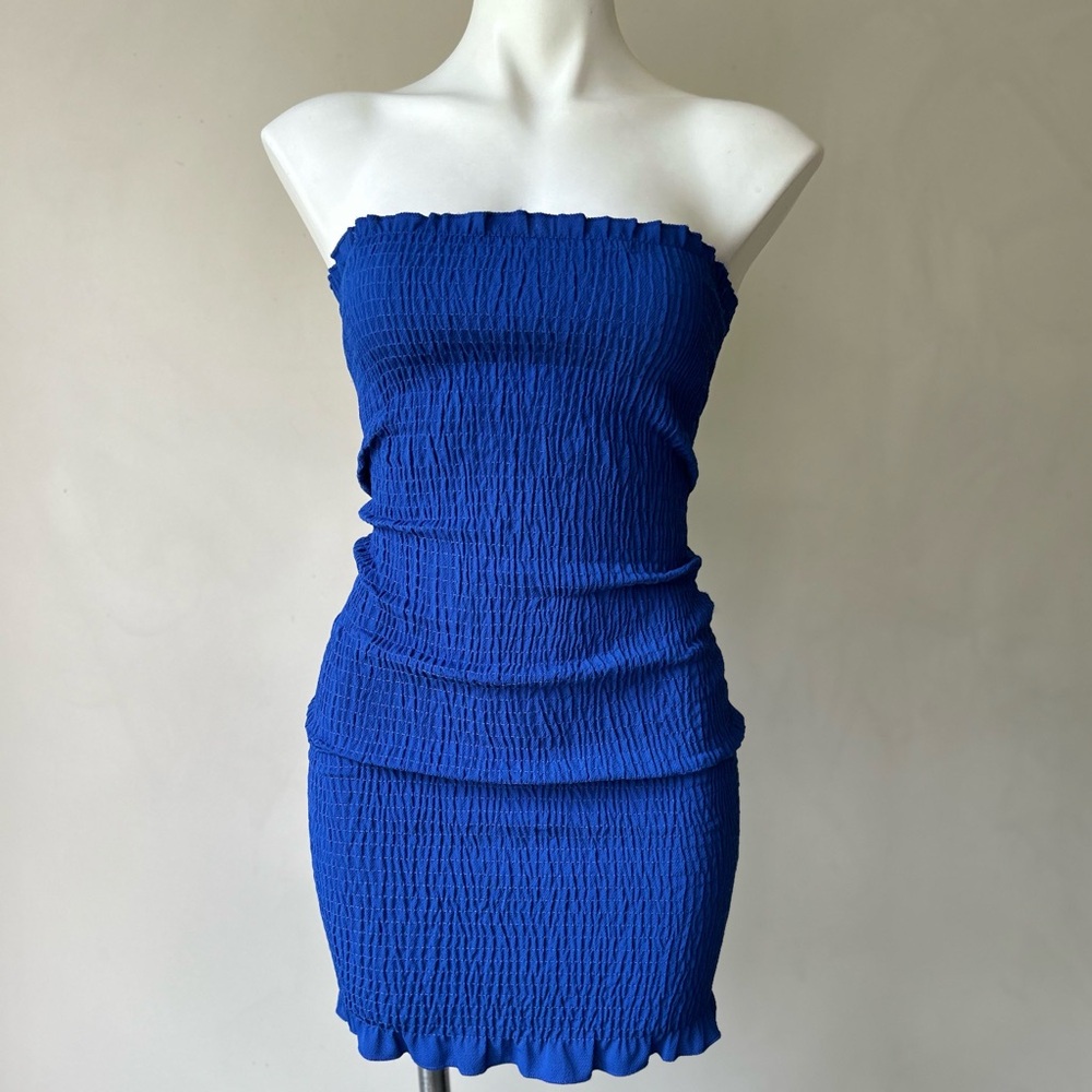 LF Seek The Label Smocked Strapless Ruffled Hem Bodycon Mini Dress, Royal Blue S